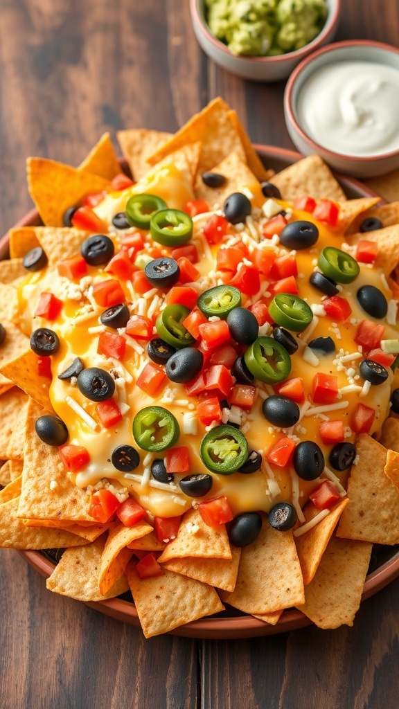 A colorful plate of cheesy nachos with toppings, served with sour cream and guacamole.